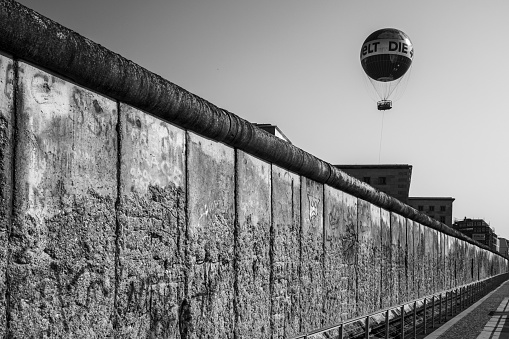 Berlin, Germany – April 06, 2019: low angle view of balloon over Berlin Wall in Germany