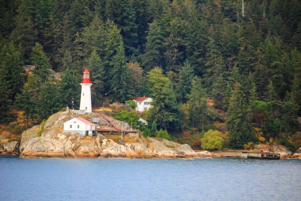 istock White lighthouse with a red top part on the coastal rock on the seaside 1442412241