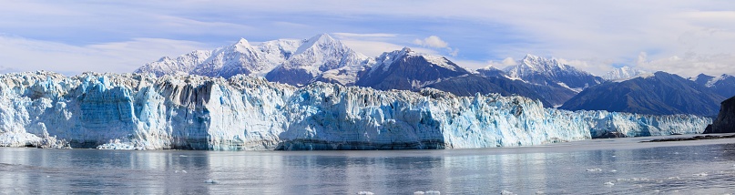A panoramic shot of the Hubbard Glacier in Alaska