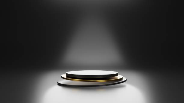 istock 3d geometric shape form rendering in minimal scene podium showcase, shop front, display mockup case and stage for cosmetic premium product presentation placement with empty blank space. 1442413603