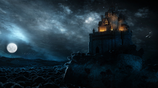 A 3D render of a magnificent fantasy castle on a hill at night with the moon beside it in a starry sk