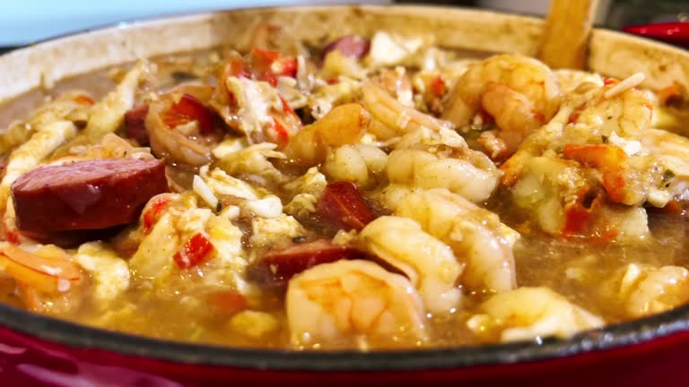 Closeup of a pot of seafood gumbo