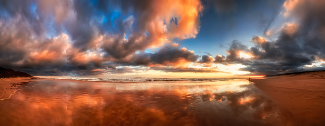 The panoramic view of the beach during sunset.