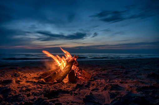 The campfire on the sandy beach at night. Tversted, Denmark.