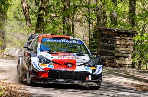 Samobor, Croatia – April 24, 2021: Sebastien Ogier in his Toyota Yaris Gazoo at WRC Croatia 2021 special stage.