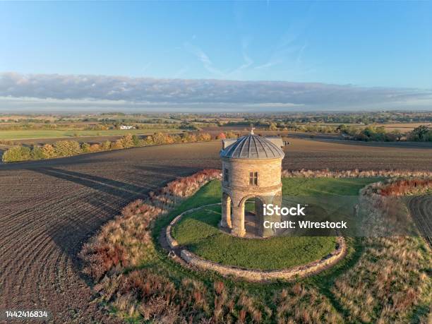 Aerial View Of Chesterton Windmill At Sunrise In Warwickshire Stock Photo - Download Image Now