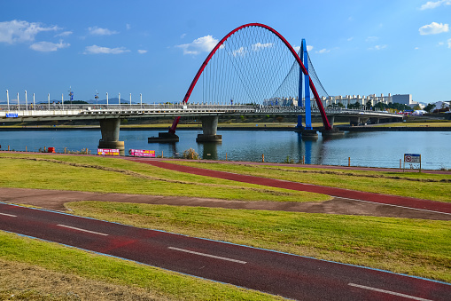 A beautiful shot of the Expo Bridge with a background of blue sky in Daejeon, South Korea.
