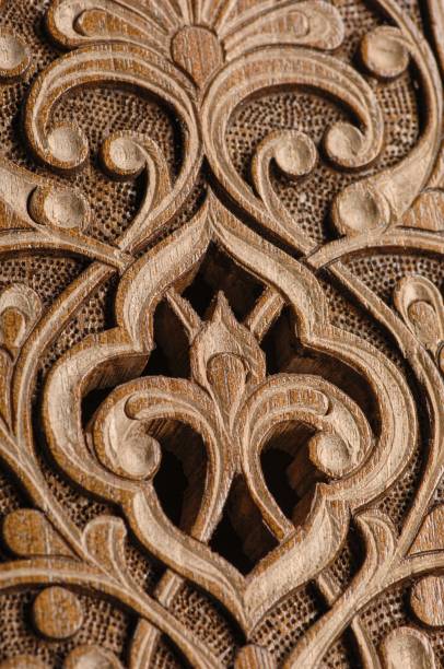 istock Floral ornament pattern carving on wooden surface, close-up 1442419041