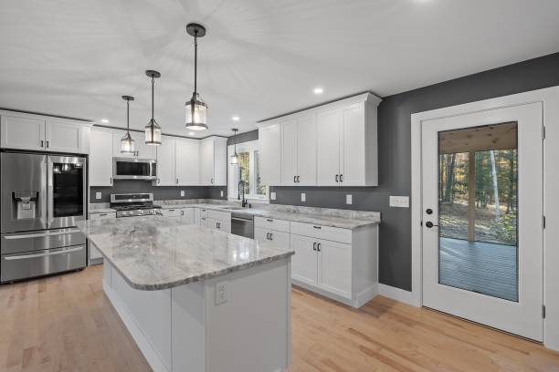 istock Modern contemporary kitchen room interior in white and gray colors 1442420291