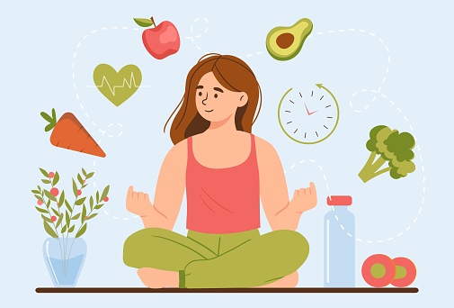 Woman on diet. Girl in lotus position near icons with natural and organic products. Vegetables and fruits. Health care and active lifestyle. Nutrition and sports. Cartoon flat vector illustration