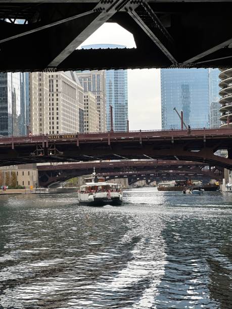 istock Chicago River boat and Bridges 1442424963