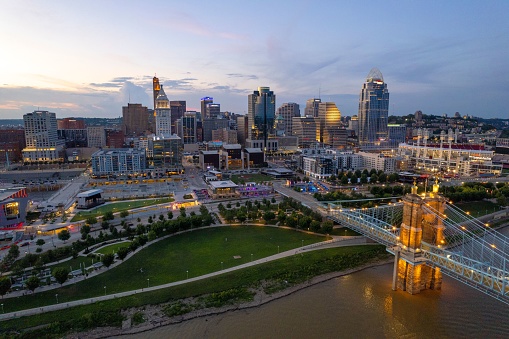 Cincinnati, United States – August 10, 2022: An aerial view of Cincinnati Ohio during sunset. USA