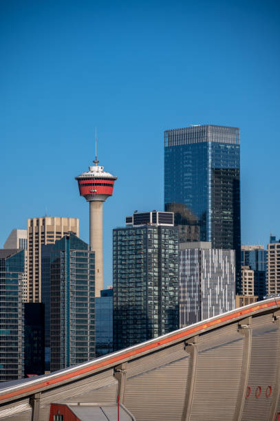 istock Vertical view of the Calgary Tower with modern skyscrapers under the blue sky,  Alberta, Canada 1442425378