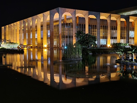 Brasilia, Brazil – August 03, 2021: A stunning night view of the Itamaraty Palace (or Palace of the Arches) on the Esplanada dos Ministerios in Brasilia, Brazil