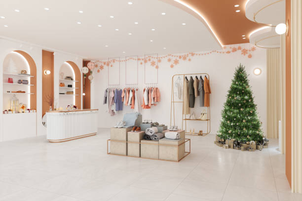 istock Luxury Clothing Store Interior With Christmas Tree, Ornaments, Gift Boxes, Clothes And Personal Accessories 1442427864