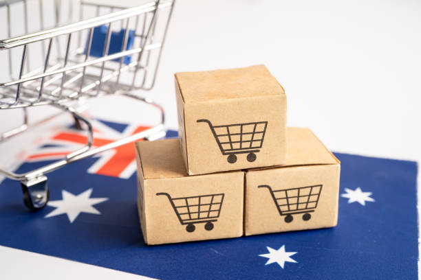Box with shopping cart logo and Australia flag, Import Export Shopping online or eCommerce finance delivery service store product shipping, trade, supplier concept. box con el logotipo del carrito de la compra y la bandera de australia, importar las compras de exportación en línea o el servicio de entrega de servicios de entrega de comercio electrónico almacenan el envío de productos, el comercio, el concepto de p