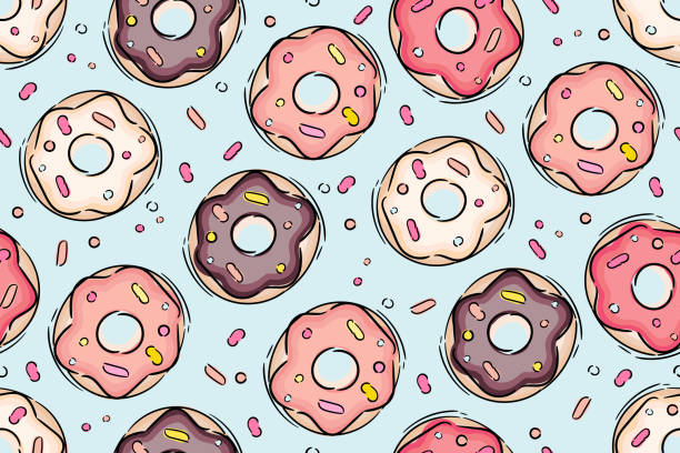 illustrazioni stock, clip art, cartoni animati e icone di tendenza di ciambelle senza cuciture con glassa rosa, bianca e cioccolato su sfondo blu. vettore - donut cupcake meal backdrop