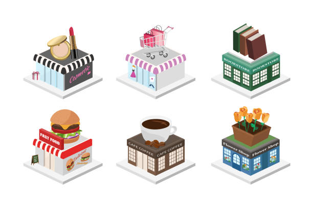 화장품 가게, 서점, 패션 상점, 패스트 푸드 레스토랑, 커피 숍 및 꽃 가게의 3d 그림. - market stall 이미지 stock illustrations