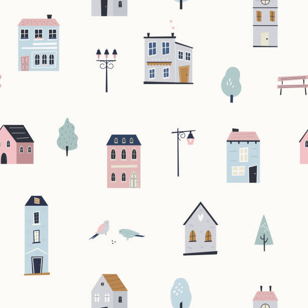 bezszwowy wzór z uroczymi i kolorowymi budynkami, domami - seamless house pattern town stock illustrations