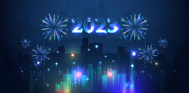 2023 happy new year city and fireworks in the sky above background. vecter design. 2023 happy new year city and fireworks in the sky above background. vecter design. new year urban scene horizontal people stock illustrations
