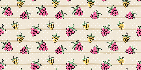Beautiful seamless pattern with pink and yellow berries on a beige striped background with white polka dots