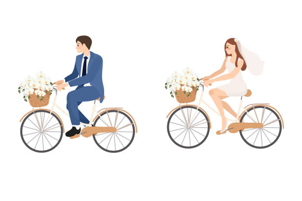 istock beautiful young just married wedding couple ride bicycle isolated on white background 1442435857