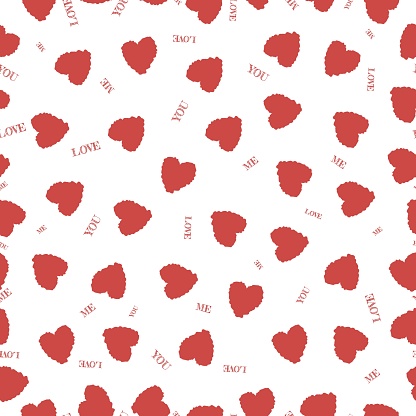 Repeated red hearts on a white background with words you, me, love. Cute seamless pattern for valentines day. Endless romantic print. Vector illustration.