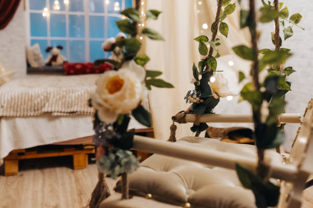 Christmas decorated bedroom without people