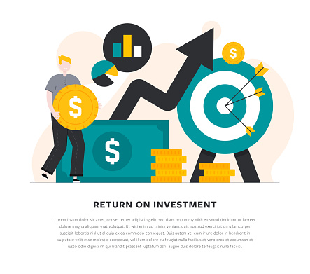Return On Investment Flat Design Colorful Vector Illustration. Bull's eye, paper currency, young man, US coin, arrow, graph and other design elements are isolated on a white background.