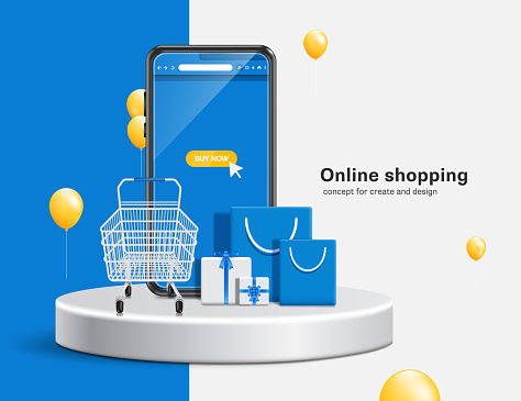 gift boxes,trolley or cart,blue shopping bag and smartphone placed on white round white podium and yellow balloons floating a round in the air,vector 3d for e commerce,online shopping concept design