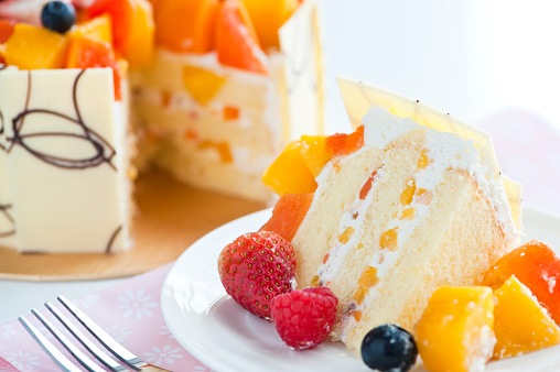 Close up of slice of cream cake with fruits