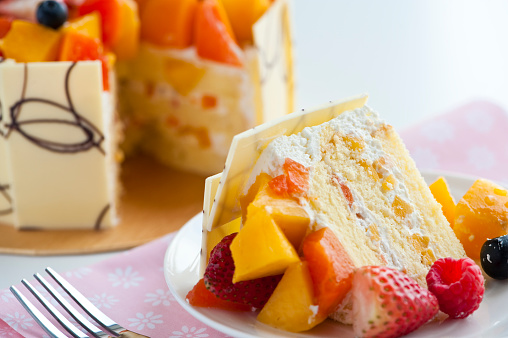 close up of slice of cream cake with fruits and white chocolates