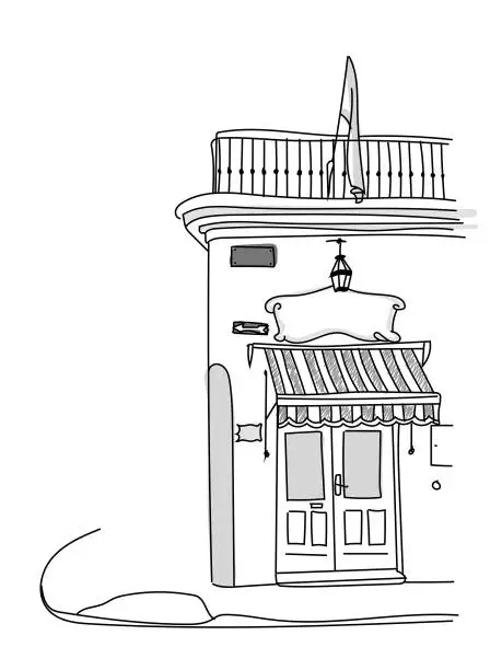 Vector illustration of Famous Buenos Aires city street corner in the old town. Argentina, San Telmo neighborhood. Sketch black lines hand drawn style vector illustration.