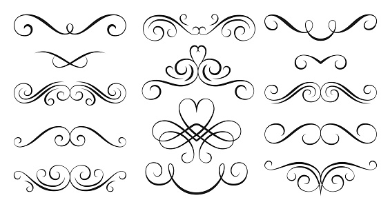 Vintage curl linear decor. Calligraphic swashes border design elements. Decorative page delimiters. Retro frame filigree swirl dividers. Ornate vignette scrolls for wedding invitation card, menu