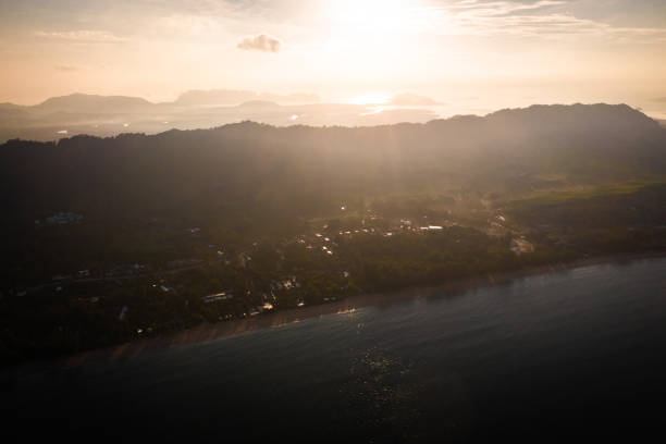 aerial view of long beach at sunset, in koh lanta, krabi, thailand - length south high up climate imagens e fotografias de stock