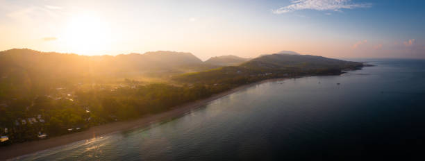 aerial view of long beach at sunset, in koh lanta, krabi, thailand - length south high up climate imagens e fotografias de stock