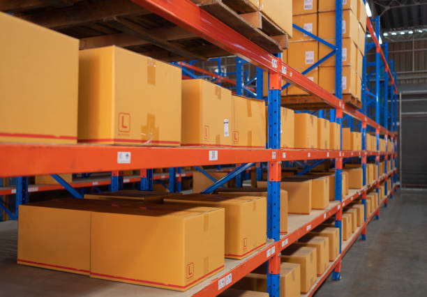 Interior of large warehouse retail store industry. Rack of furniture and home accessories stock storage. Interior of cargo in ecommerce and logistic concept. Depot stock photo