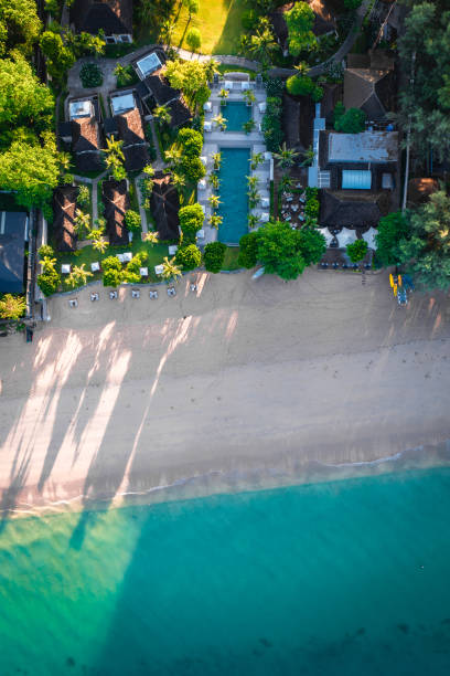 aerial view of long beach at sunset, in koh lanta, krabi, thailand - length south high up climate imagens e fotografias de stock