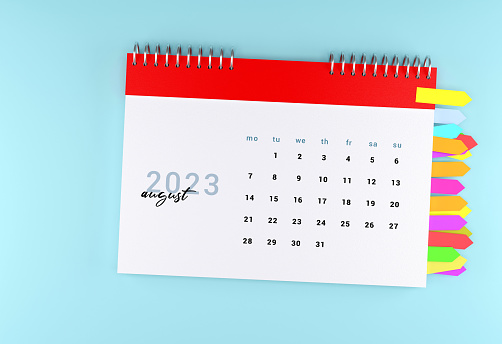2023 August Calendar With Colorful Sticky Note Paper On Blue Background