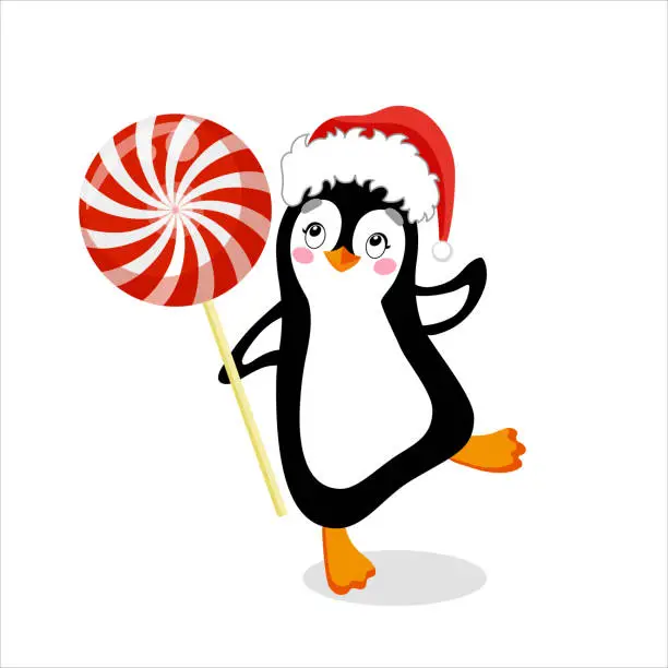 Vector illustration of Penguin in New Year's hat and with a lollipop in his hands, on white background