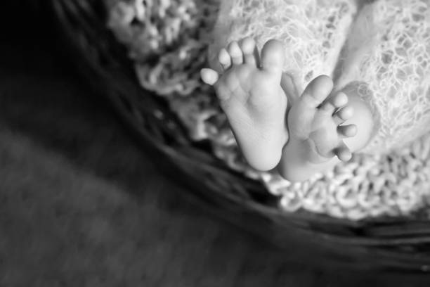 крупным планом фотография новорожденных детских ножек на вязаном пледе.  ноги крошечного новорожденного ребенка крупным планом.  концепци� - human foot baby black and white newborn стоковые фото и изображения