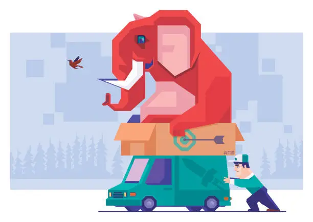 Vector illustration of courier pushing delivery van with carton of elephant