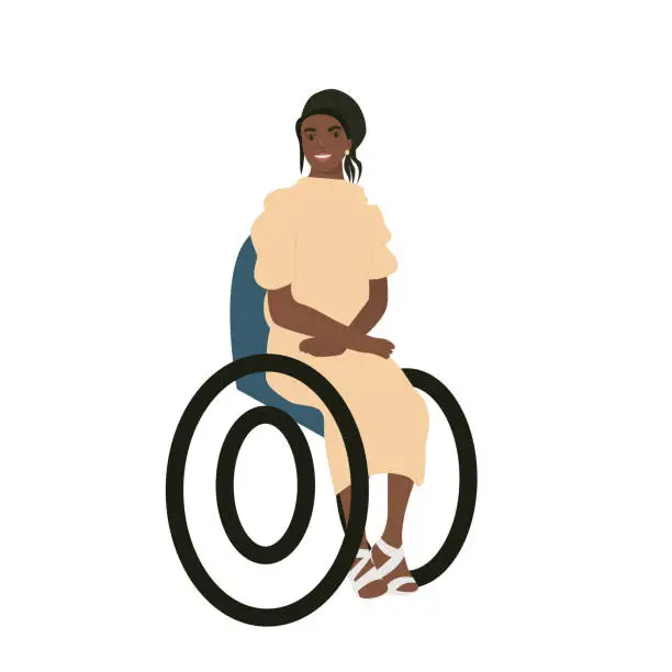 Vector illustration of Fashion smiling disabled young woman sitting on wheelchair isolated on white. Flat handicapped stylish girl character. Living with disability, equal opportunities. Vector illustration