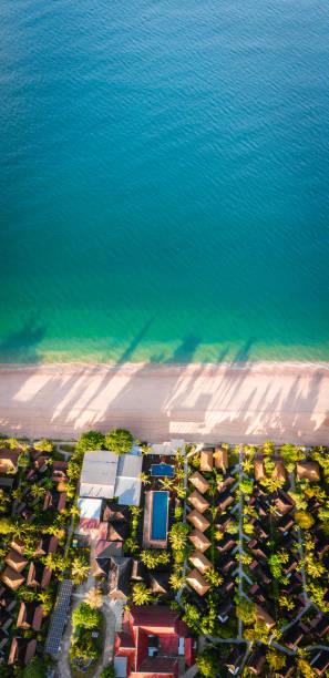 aerial view of long beach at sunset, in koh lanta, krabi, thailand - length south high up climate imagens e fotografias de stock