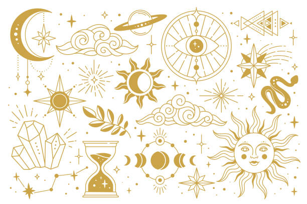 Set of esoteric symbols Set of esoteric symbols. Spirit stickers or icons with sun, moon, clouds, evil eye and constellations. Magic, occultism and alchemy. Cartoon linear vector collection isolated on white background star constellation tattoo stock illustrations