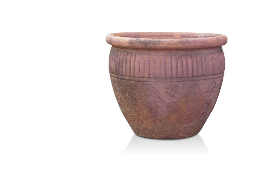 dirty red and brown pottery pot on white background, object, decor, vintage, copy space