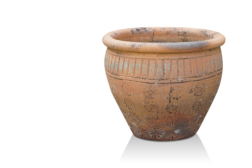 old orange and brown pottery pot on white background, object, ancient, vintage, copy space
