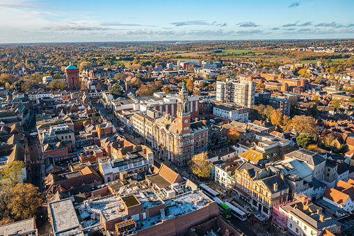 Aerial photo from a drone of Colchester City Centre, Essex, UK captured in November 2022. Colchester Town hall and Colchester Jumbo Water can be seen in this photograph.