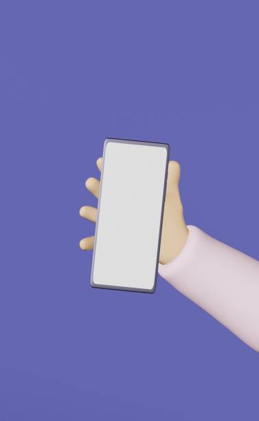 istock Hand holds mobile phone purple background 3d rendering. Smartphone screen mockup Blank gadget display advertising design 1442455181