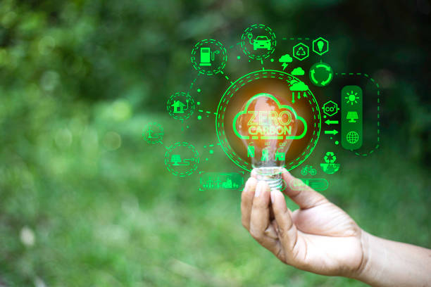 istock green energy concept help reduce global warming.Hand holding natural background light bulb on green leaf with clean energy icon around it. Carbon dioxide emission in industry zero carbon concept. 1442460782